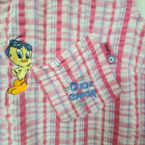 Vintage Looney Tunes Women’s Sleeveless "Tweety Cool Chick" Button Up Plaid - Picture 2 of 4